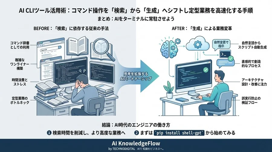 AI CLIツール活用術：コマンド操作を「検索」から「生成」へシフトし定型業務を高速化する手順 - Conclusion Image