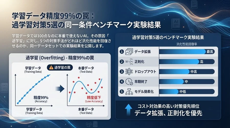 学習データ精度99%の罠：過学習対策5選の同一条件ベンチマーク実験結果