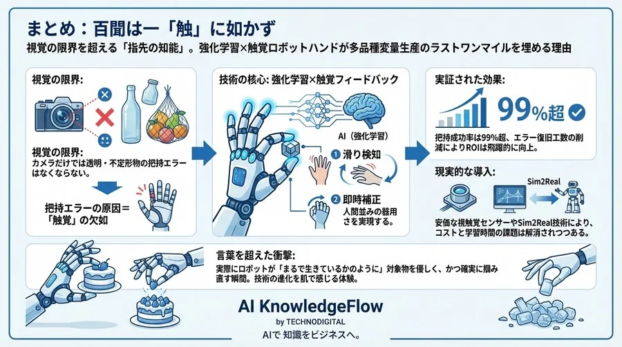 視覚の限界を超える「指先の知能」。強化学習×触覚ロボットハンドが多品種変量生産のラストワンマイルを埋める理由 - Conclusion Image