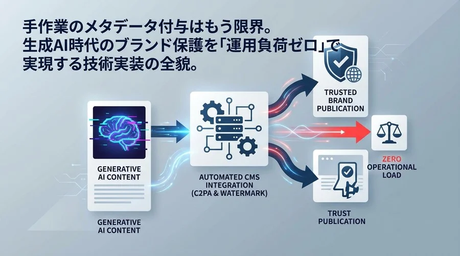 C2PA実装と電子透かしの自動化：CMS統合による「運用負荷ゼロ」の信頼性担保基盤