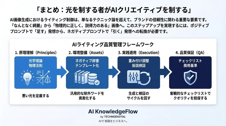 AI画像の「作り物感」を消すのは光だ。写実性を極めるライティング補正ネガティブプロンプト導入ロードマップ - Conclusion Image