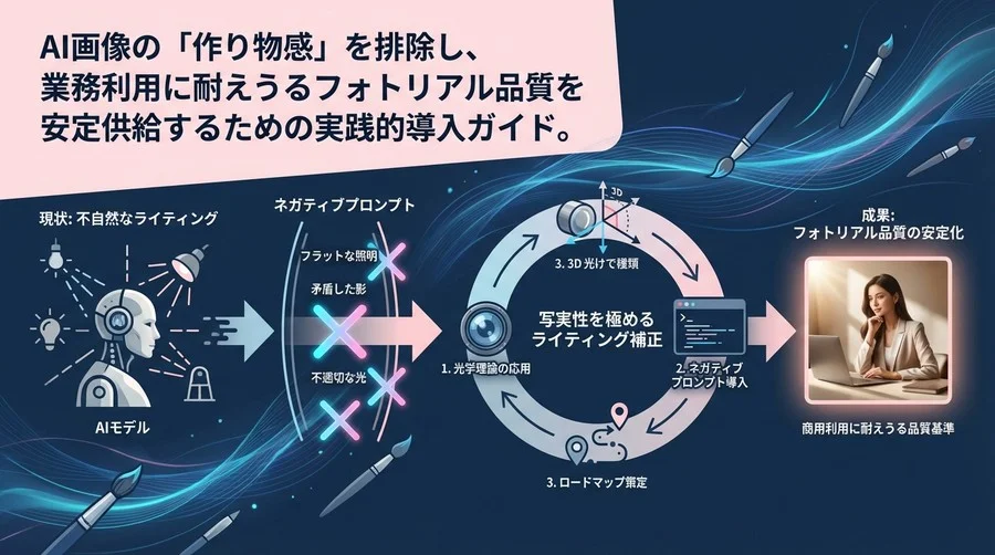 AI画像の「作り物感」を消すのは光だ。写実性を極めるライティング補正ネガティブプロンプト導入ロードマップ