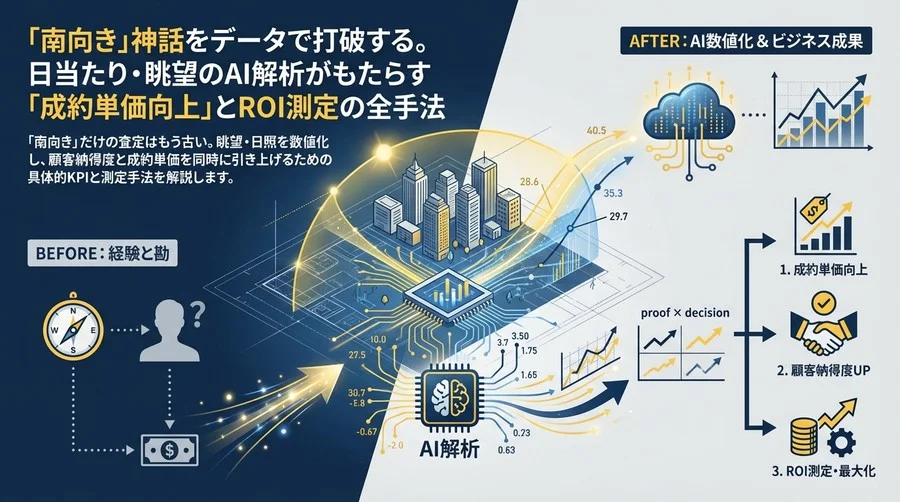 「南向き」神話をデータで打破する。日当たり・眺望のAI解析がもたらす「成約単価向上」とROI測定の全手法