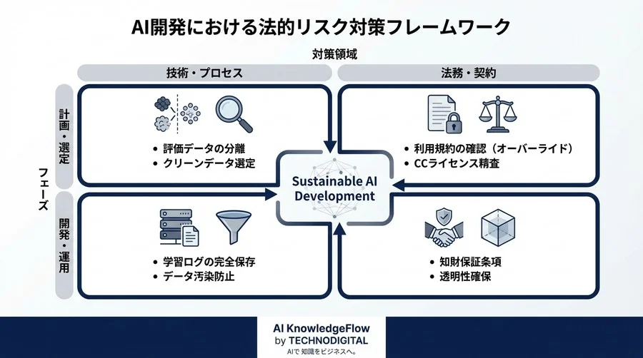 日本語LLM開発の法的地雷原：評価用データの学習転用が招くモデル廃棄リスクと回避策 - Conclusion Image