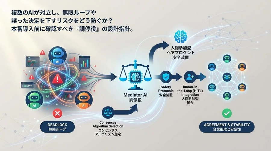 マルチエージェントの暴走を防ぐ：自律型AIのコンフリクト解消と合意形成の設計チェックリスト