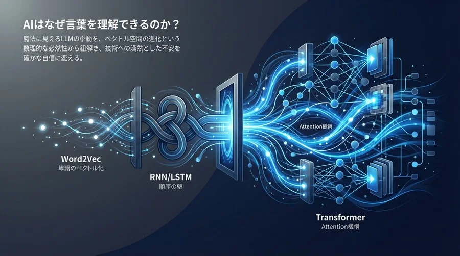 【技術解説】Word2VecからTransformerへ──AIが言葉を「理解」するまでの数理的進化論
