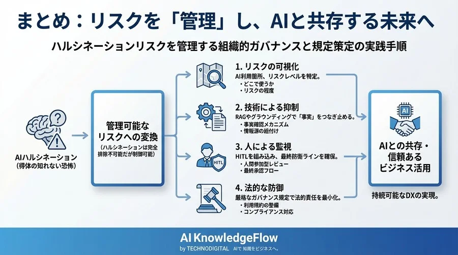 「AIの嘘」で会社が傾く前に。ハルシネーションリスクを管理する組織的ガバナンスと規定策定の実践手順 - Conclusion Image