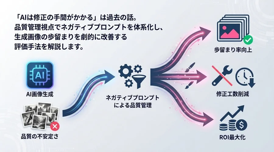 AI画像生成の品質管理：ネガティブプロンプトで歩留まりを改善し修正コストを削減するROI最大化手法
