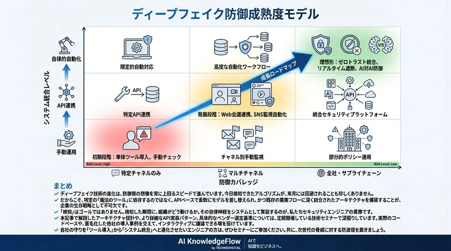 被害額数億円のAI社長詐欺を防ぐ：ディープフェイク検知APIのシステム統合と実装アーキテクチャ - Conclusion Image