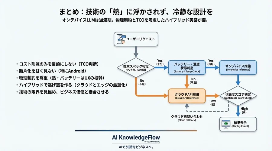 スマホLLM実装の落とし穴。NPU搭載でも避けられない発熱と精度の壁を越えるハイブリッド戦略 - Conclusion Image