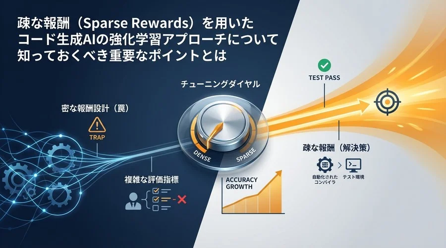 コード生成AIの精度は「疎な報酬」でこそ伸びる：密な報酬設計という罠からの脱却