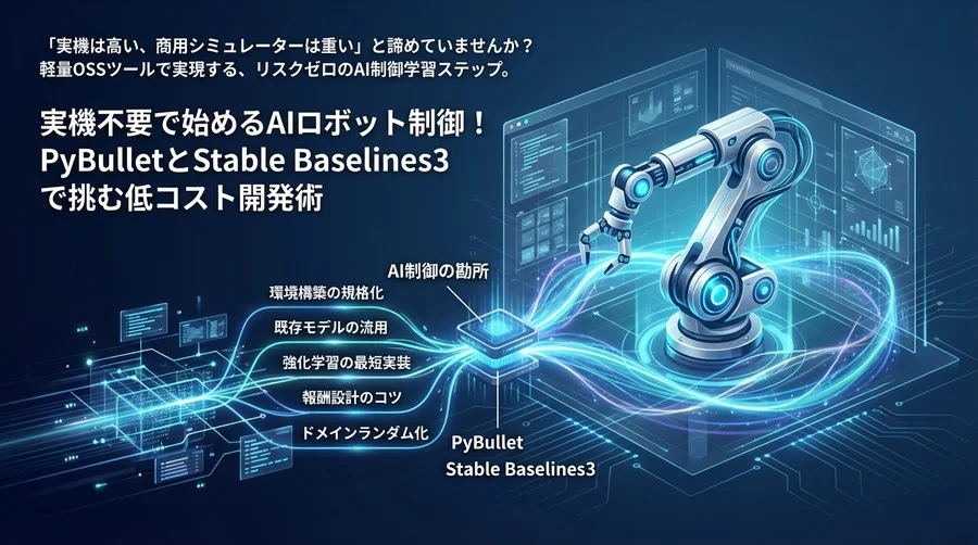 実機不要で始めるAIロボット制御！PyBulletとStable Baselines3で挑む低コスト開発術