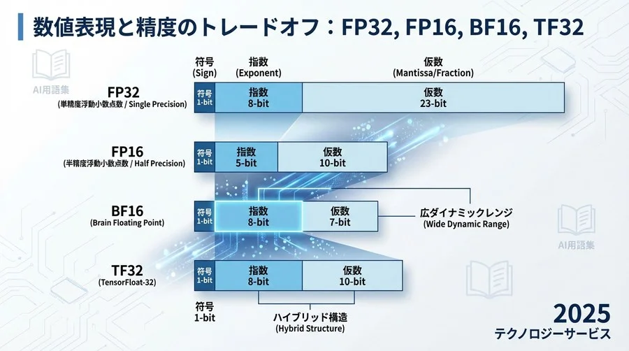 数値表現と精度のトレードオフ：FP32, FP16, BF16, TF32 - Section Image