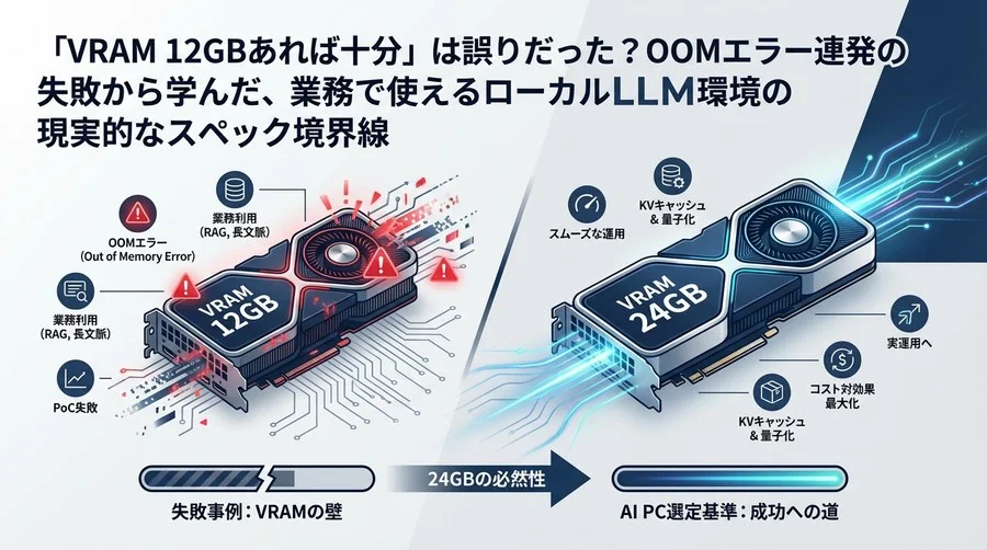 VRAM12GBは不足？ローカルLLM実運用で直面したOOMエラーと24GBの必然性：失敗から学ぶAI PC選定