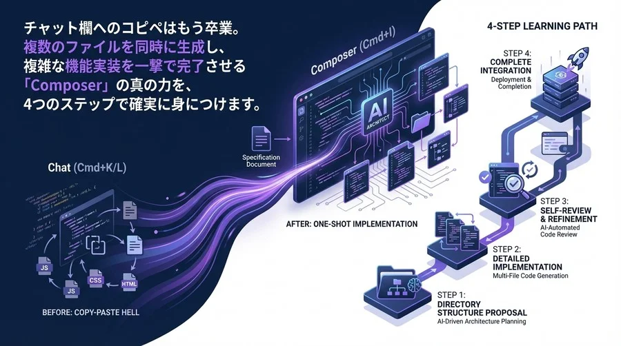 Cursor Composerで機能実装を一撃完了！コピペ地獄から脱却する4ステップ学習パス