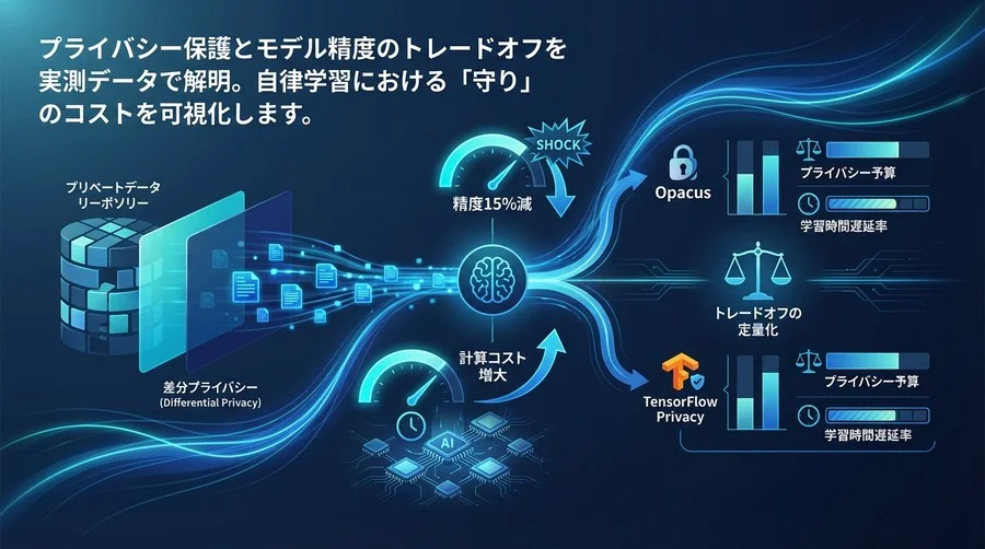 差分プライバシーAIの自律学習適用：精度15%減の衝撃とOpacus対TensorFlow実測ベンチマーク