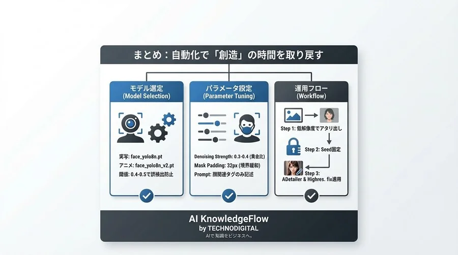 画像生成AIの「顔崩れ」で消耗する現場へ。ADetailerで構築する自動補正ワークフローと品質管理の技術論 - Conclusion Image