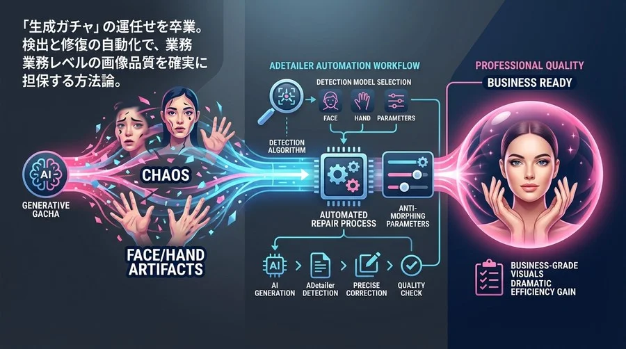 画像生成AIの「顔崩れ」で消耗する現場へ。ADetailerで構築する自動補正ワークフローと品質管理の技術論
