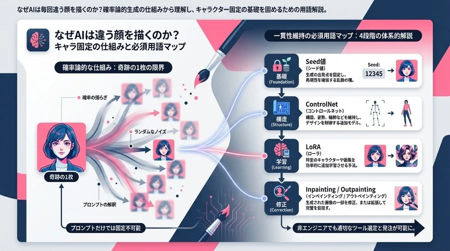 なぜAIは違う顔を描くのか？キャラ固定の仕組みと必須用語マップ