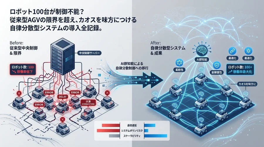 ロボット100台が制御不能？従来型AGVの限界を超え、カオスを味方につける自律分散型システムの導入全記録