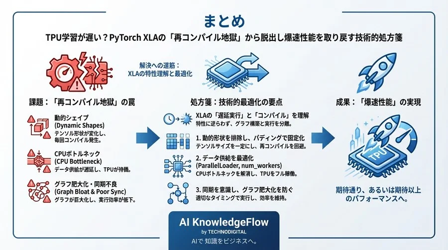 TPU学習が遅い？PyTorch XLAの「再コンパイル地獄」から脱出し爆速性能を取り戻す技術的処方箋 - Conclusion Image
