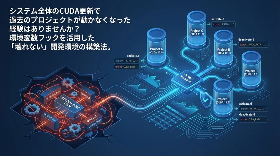 Conda環境変数の自動フックで実現する「壊れない」CUDA管理術：複数プロジェクト並行開発の最適解