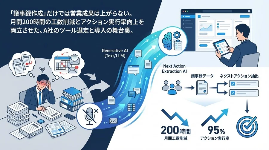 「議事録AI」では営業は動かない。月200時間の工数削減とアクション実行率95%を実現したA社の選定・導入全記録