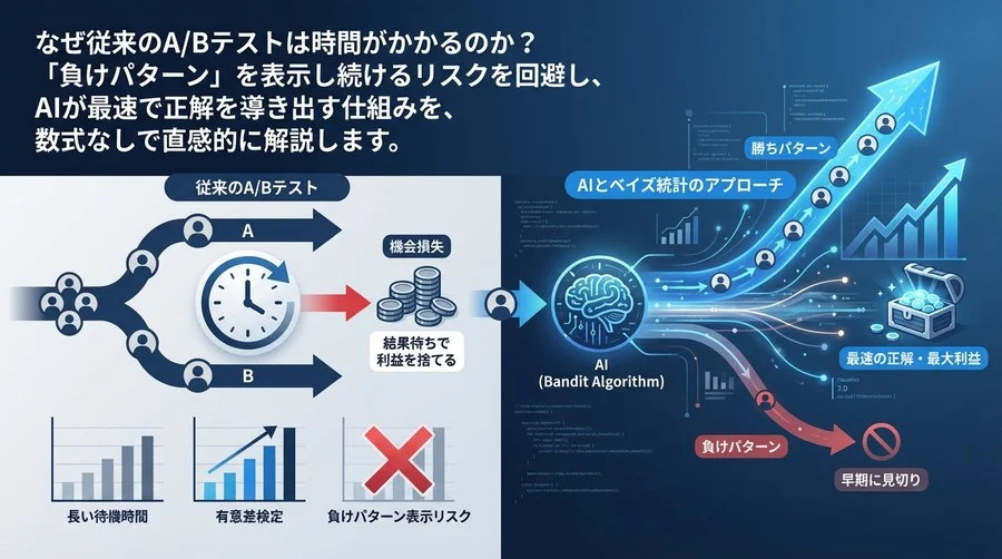 A/Bテストの結果待ちで利益を捨てていませんか？AIとベイズ統計が「最速の正解」を導く仕組みを数式なしで直感理解