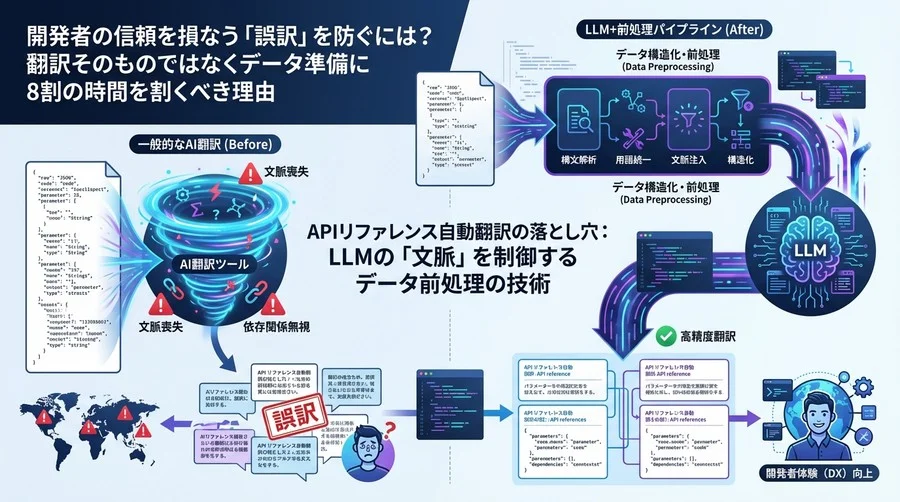 APIリファレンス自動翻訳の落とし穴：LLMの「文脈」を制御するデータ前処理の技術