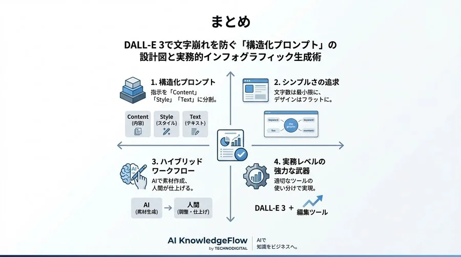 DALL-Eの最新版で文字崩れを防ぐ「構造化プロンプト」の設計図と実務的インフォグラフィック生成術 - Conclusion Image