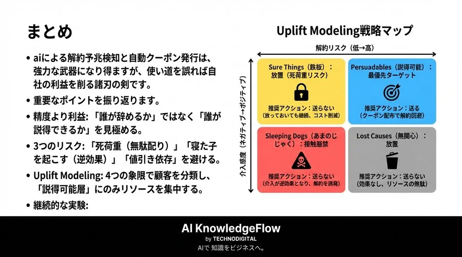 解約予兆AIの罠：自動クーポン発行が利益を蝕むメカニズムとUplift Modelingによる最適化戦略 - Conclusion Image