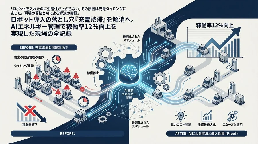 ロボット導入の落とし穴「充電渋滞」を解消へ。AIエネルギー管理で稼働率12%向上を実現した現場の全記録