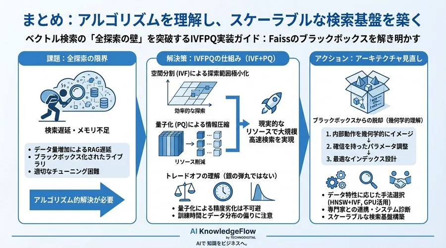 ベクトル検索の「全探索の壁」を突破するIVFPQ実装ガイド：Faissのブラックボックスを解き明かす - Conclusion Image