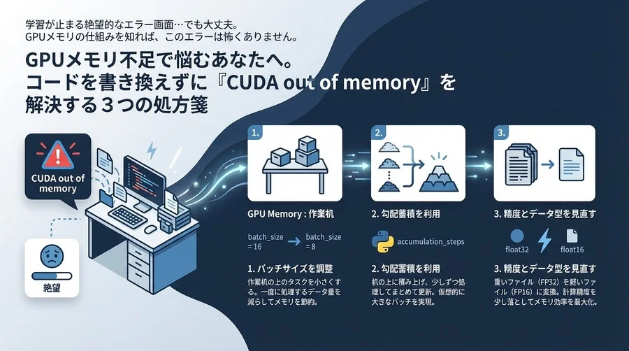 GPUメモリ不足で悩むあなたへ。コードを書き換えずに「CUDA out of memory」を解決する3つの処方箋
