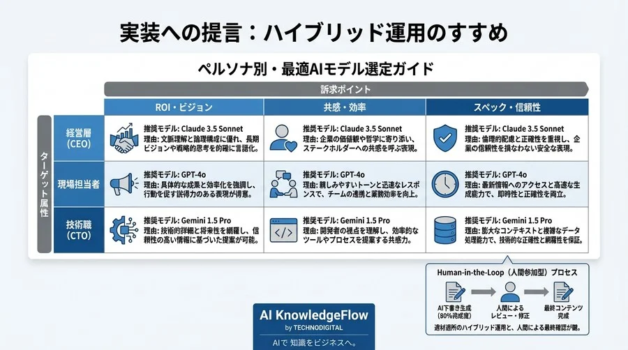 「AIの文章はどれも同じ」は本当か？ChatGPT・Claude 3.5・GeminiによるCEO/CTO/現場への書き分け完全比較テスト - Conclusion Image