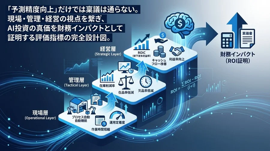 「予測精度」だけでは稟議は通らない。在庫AIの導入価値を財務インパクトで証明する「3階層KPIモデル」完全設計図