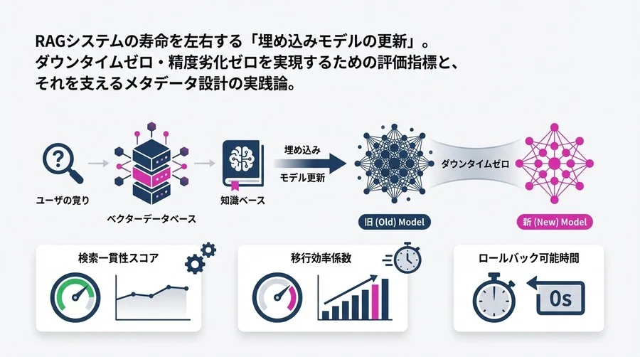 RAGの寿命を決める「埋め込みモデル更新」の落とし穴：ダウンタイムゼロを実現するメタデータ設計と3つの運用KPI