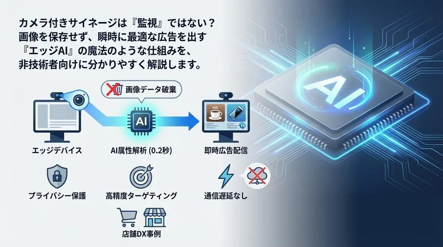 監視カメラではない！画像を残さず0.2秒で接客する「エッジAIサイネージ」の仕組みと安全な導入法
