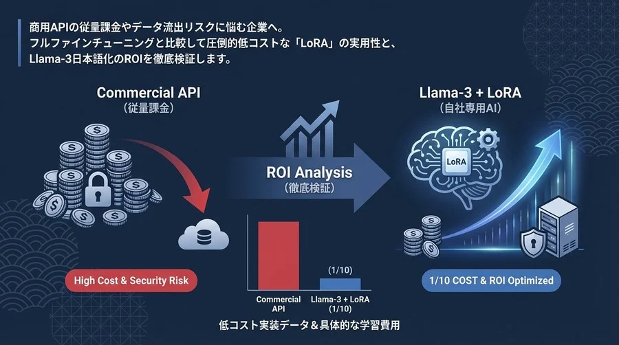 Llama-3 × LoRA検証：商用APIの1/10コストで実現する自社専用AIの実用性とROI