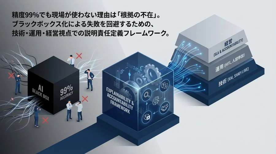 精度99%でも現場が使わない？AIブラックボックス化を防ぐ「説明責任」定義と3階層フレームワーク