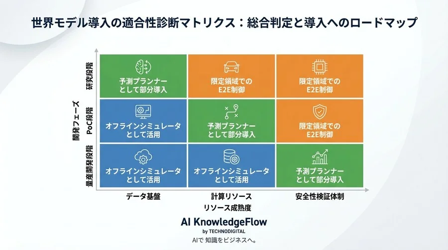 自動運転開発における世界モデル導入の適合性診断：未知のシナリオ予測と実用化の壁 - Conclusion Image