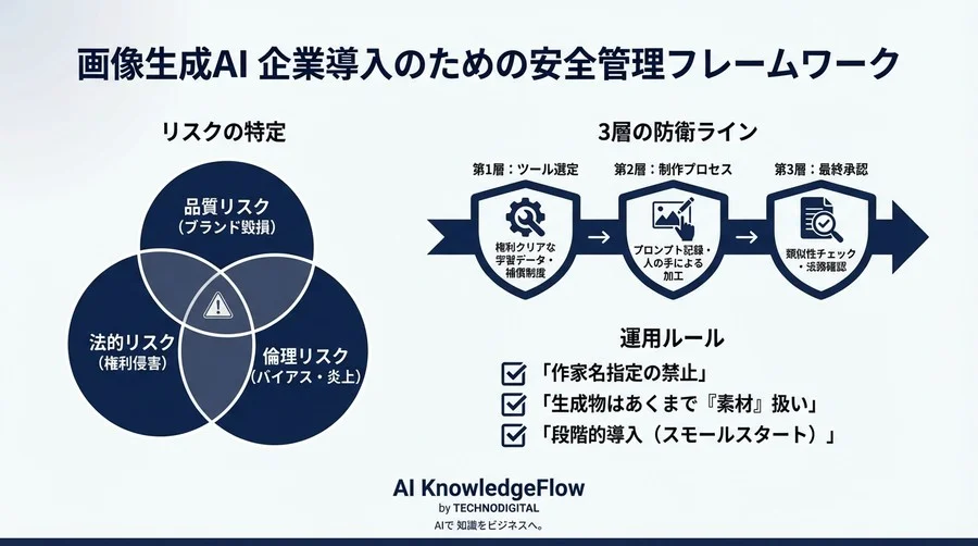 画像生成AIの商用利用リスクを制御する：企業ブランドを守る3層の防衛策とワークフロー構築 - Conclusion Image