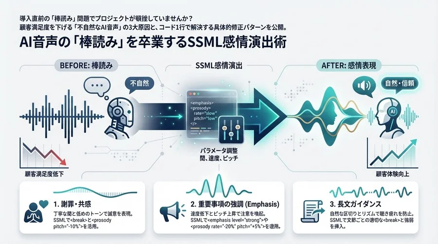 AI音声の「棒読み」を卒業するSSML感情演出術：不快感の正体と3つの具体的修正パターン
