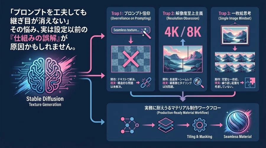 「シームレス」と入れても継ぎ目は消えない。Stable Diffusionテクスチャ生成における3つの構造的誤解