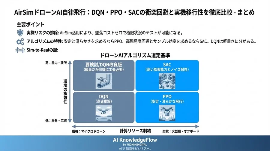 AirSimドローンAI自律飛行：DQN・PPO・SACの衝突回避と実機移行性を徹底比較 - Conclusion Image