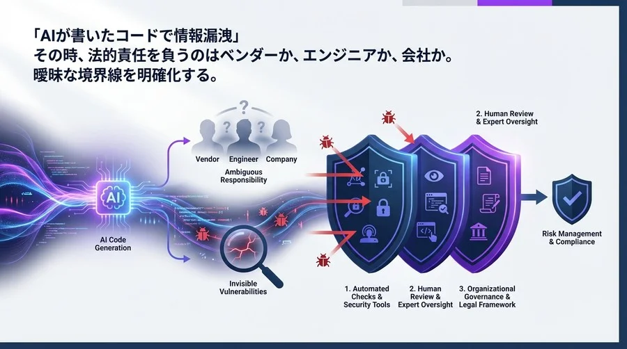 AI生成コードの法的責任と脆弱性：開発組織を守る3層の防衛線とガバナンス