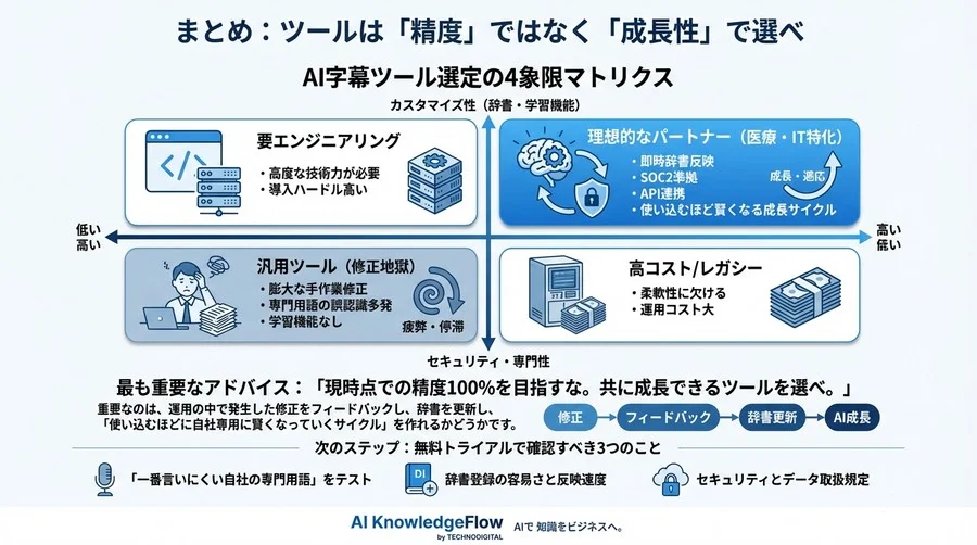 なぜ汎用AIは専門用語を間違え続けるのか？修正地獄から抜け出す「育てるAI」選定の絶対基準 - Conclusion Image