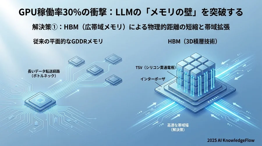 解決策①：HBM（広帯域メモリ）による物理的距離の短縮と帯域拡張 - Section Image