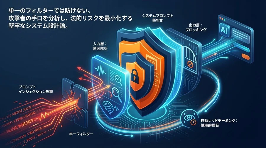プロンプトインジェクション対策のシステム設計論：著作権侵害リスクを防ぐ多層防御ガードレール