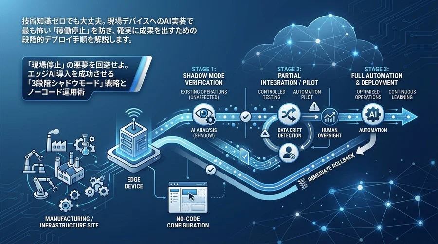 「現場停止」の悪夢を回避せよ。エッジAI導入を成功させる「3段階シャドウモード」戦略とノーコード運用術